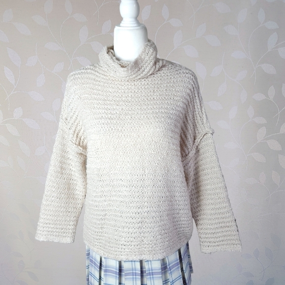 Aerie Cozy Fuzzy Open Knit Cowl Neck Sweater Oversized Cream Small - Picture 2 of 14